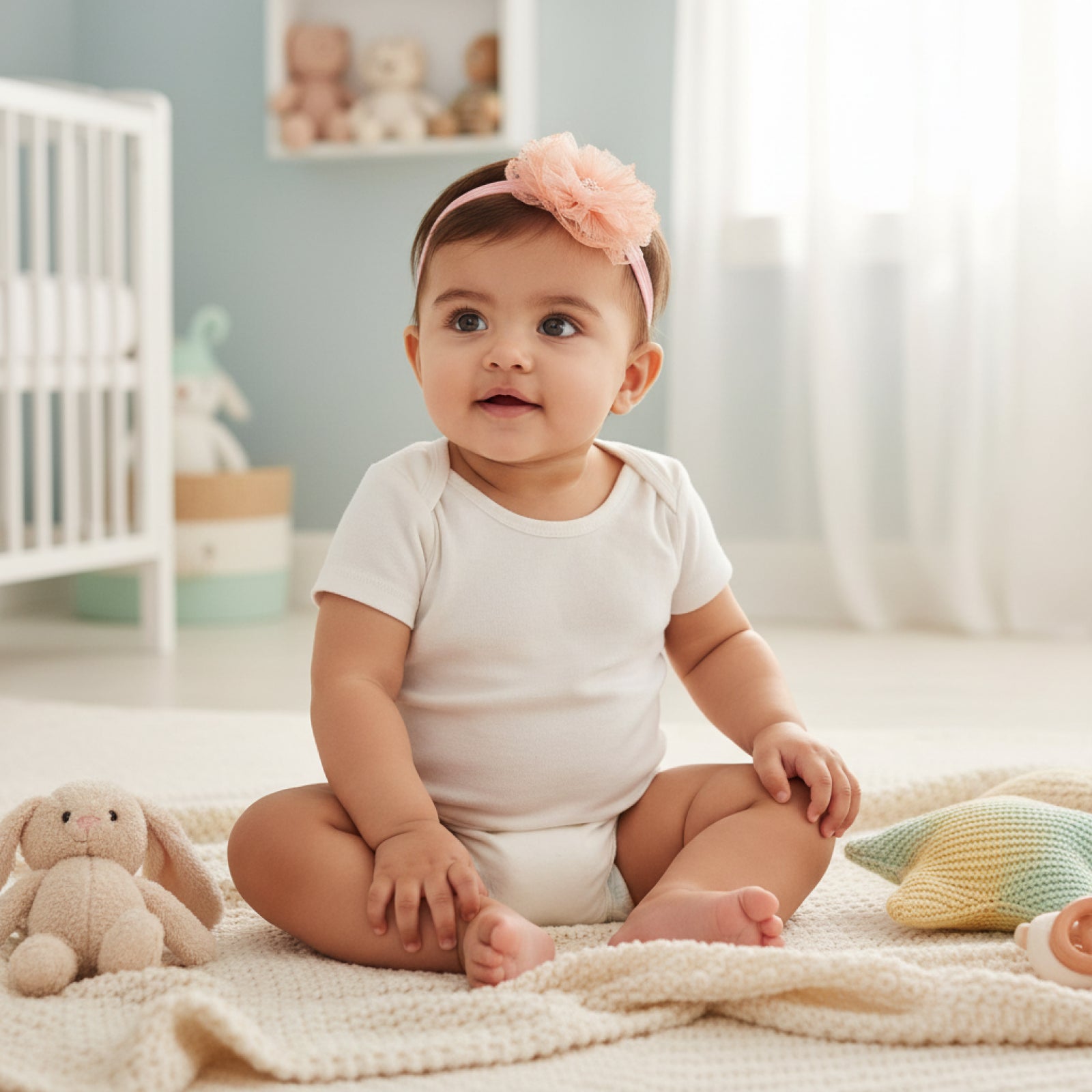 Baby sitting on a blanket in a nursery with toys around