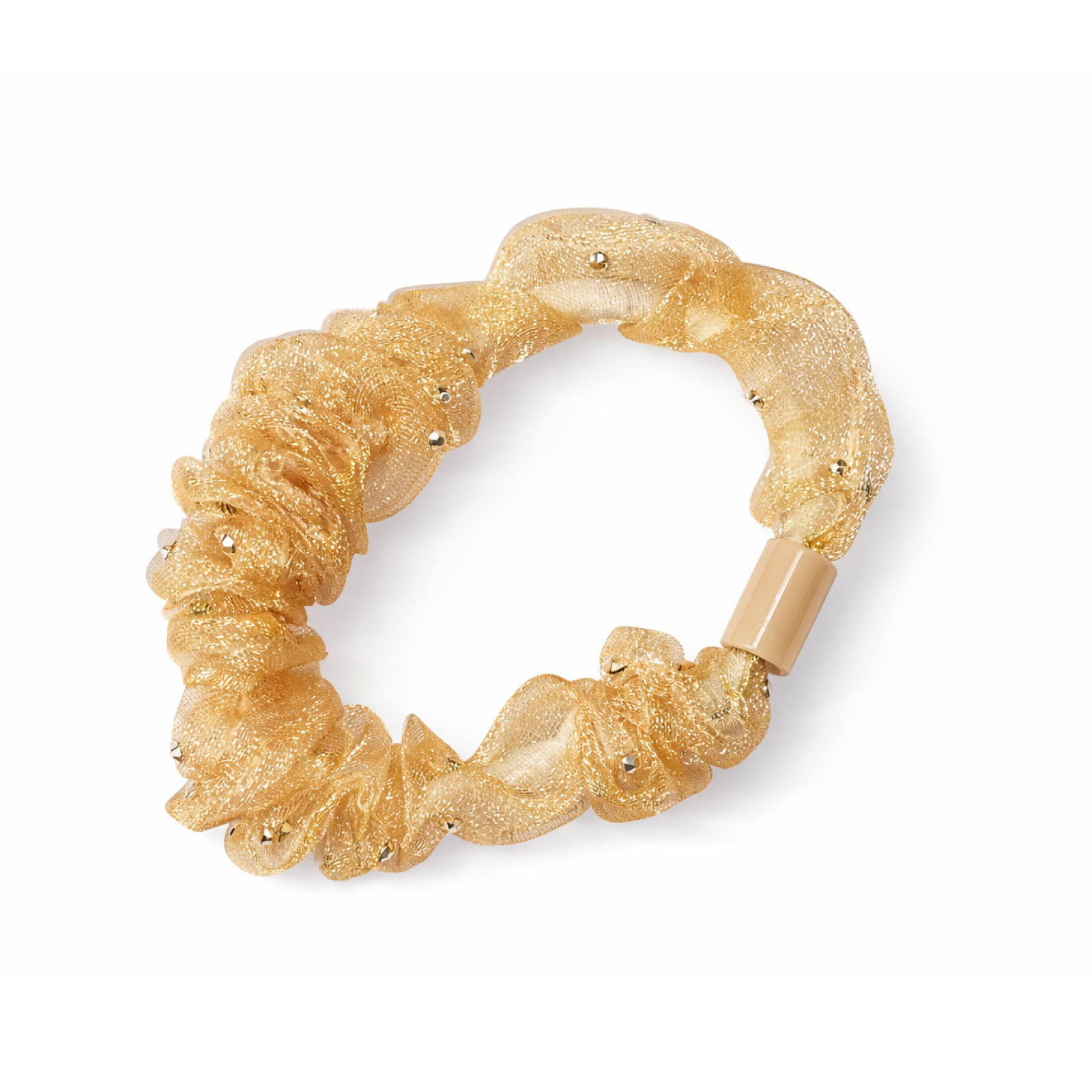 Gold scrunchie with a beige clip on a white background