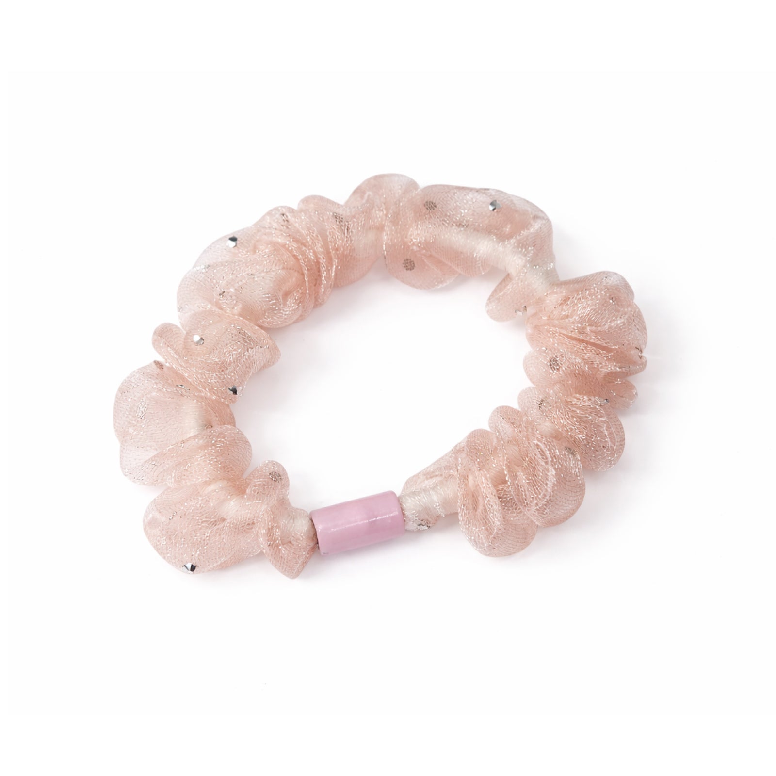 Pink scrunchie with rhinestones on a white background