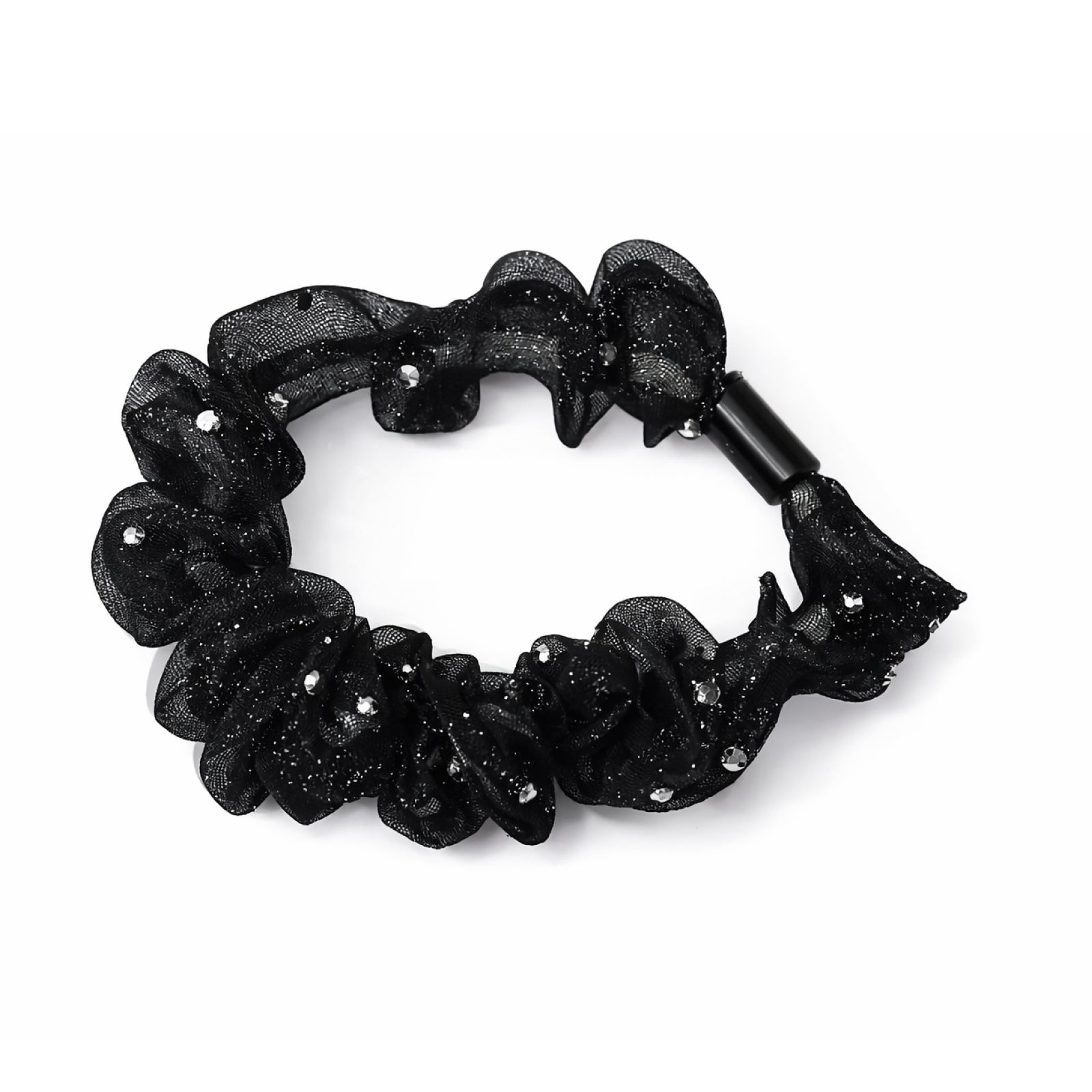 Black scrunchie with glittery texture on a white background