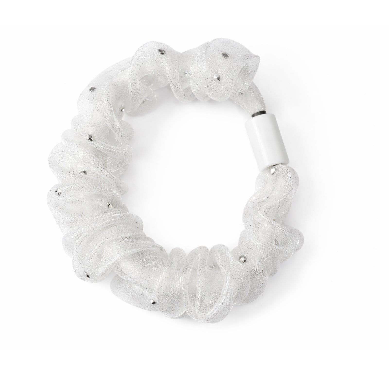 White scrunchie with small embellishments on a white background