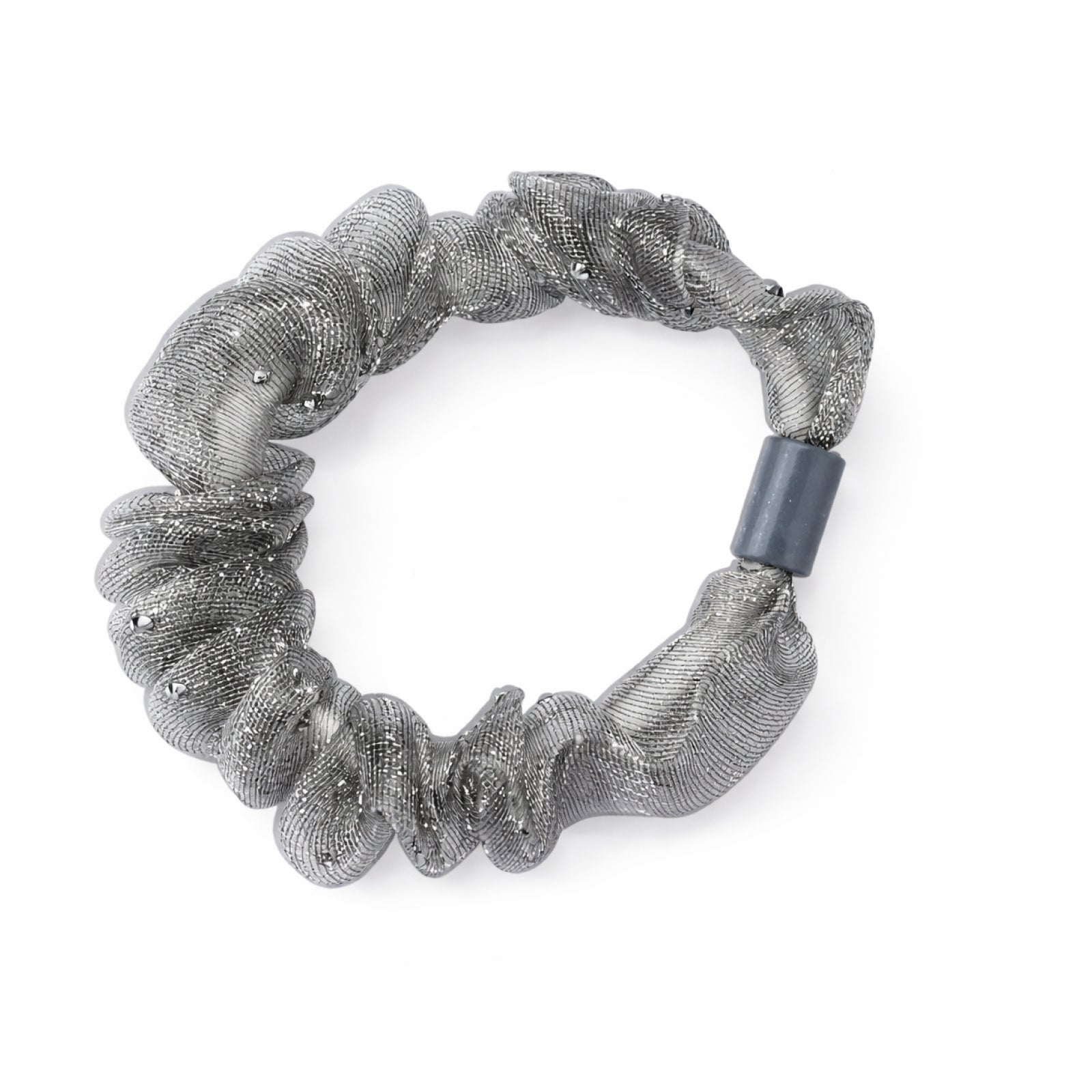 Silver scrunchie with a blue clip on a white background