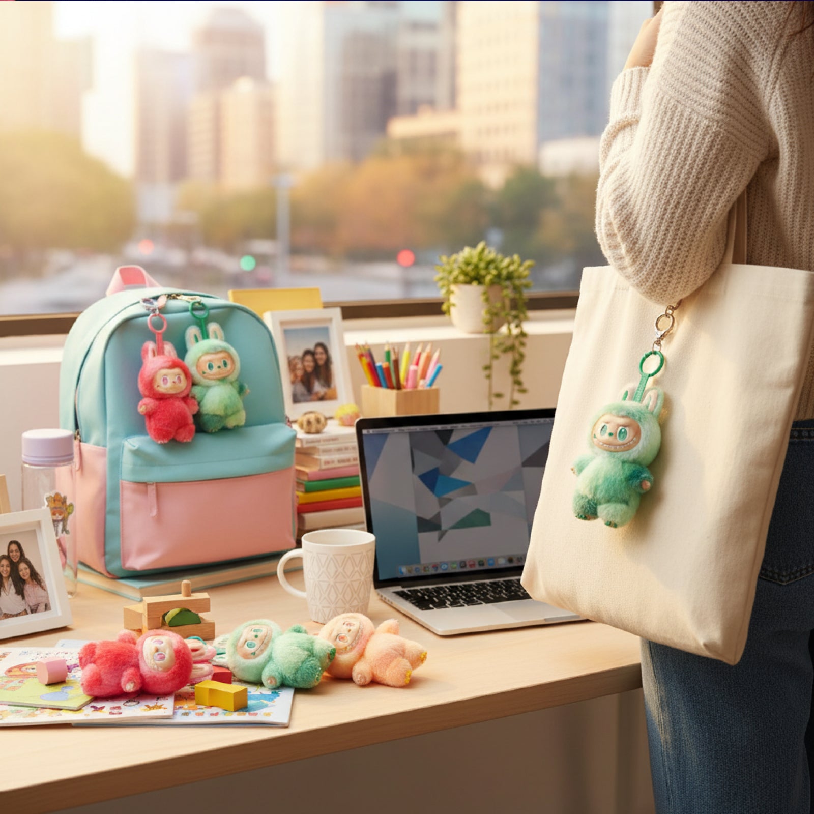 Person with a laptop and desk setup, featuring colorful plush toys and a small backpack.