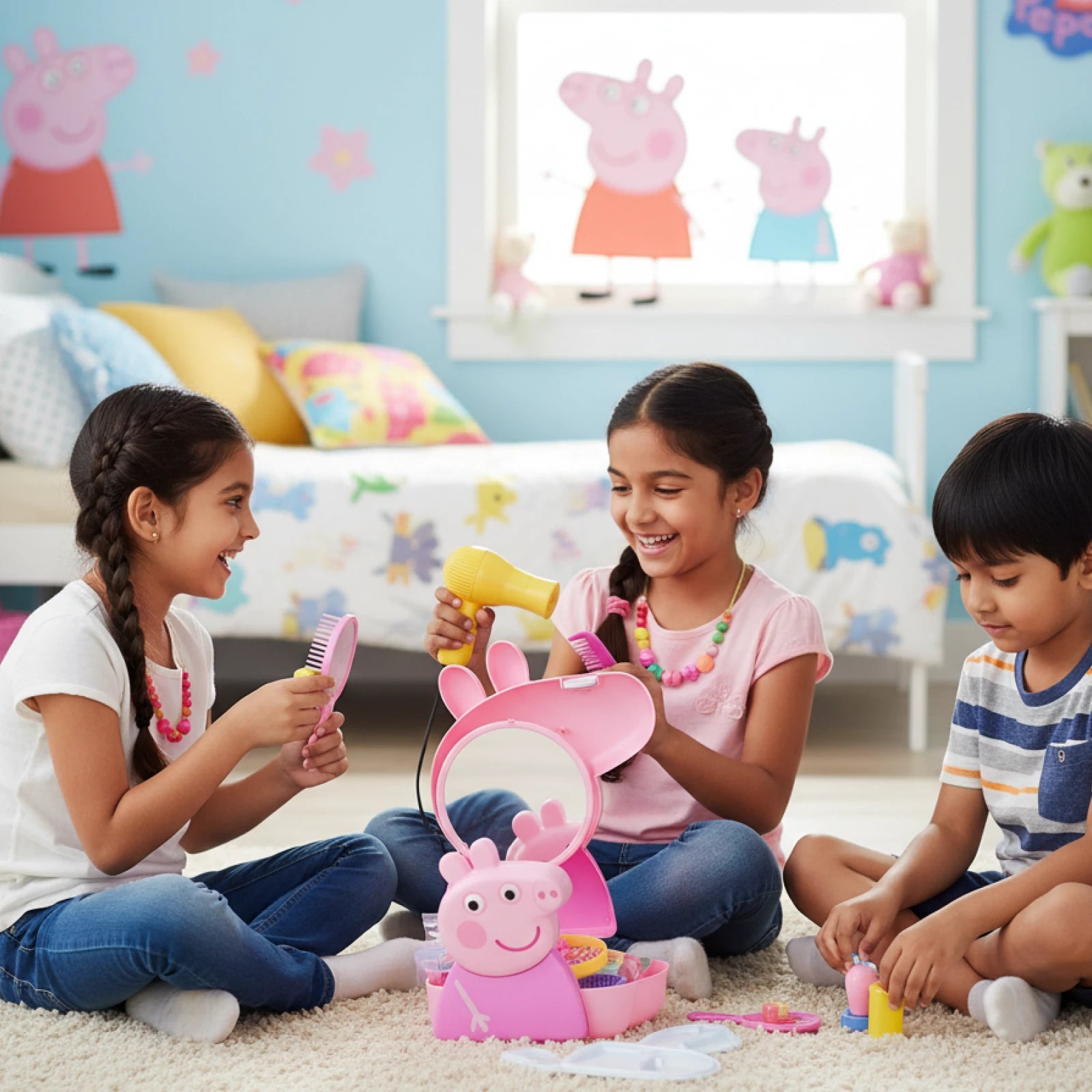 Children playing with Peppa Pig toys in a colorful room.