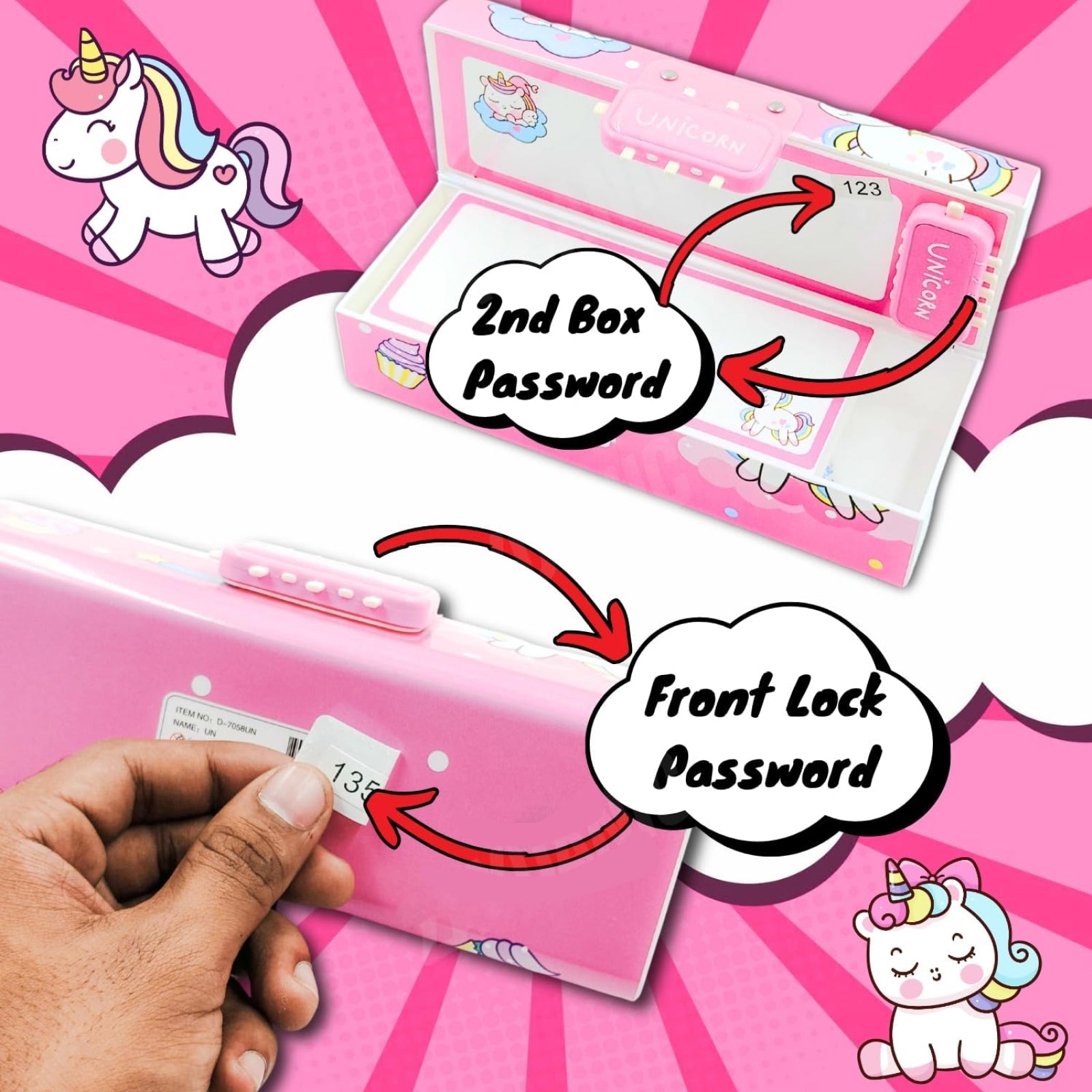 Unicorn Pencil Box with Password Lock | Multi-Layer Large Capacity Case for Kids, Blue