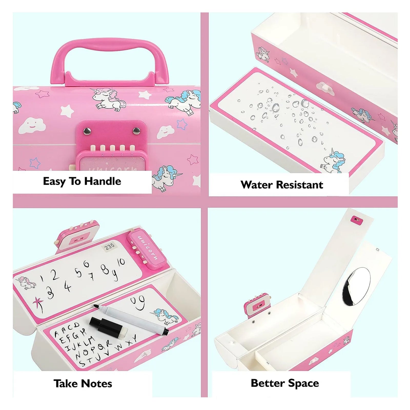 Unicorn Pencil Box with Password Lock | Multi-Layer Large Capacity Case for Kids, Blue