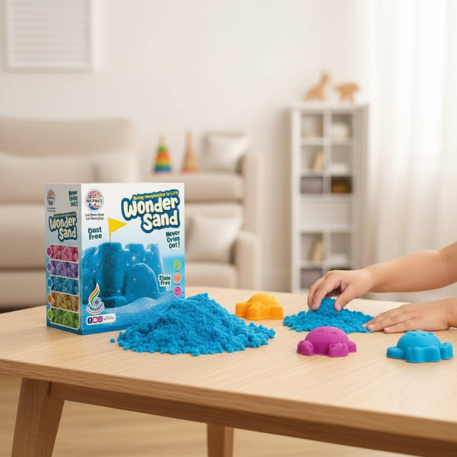 Wonder Sand packaging with blue sand and molds on a table in a room setting