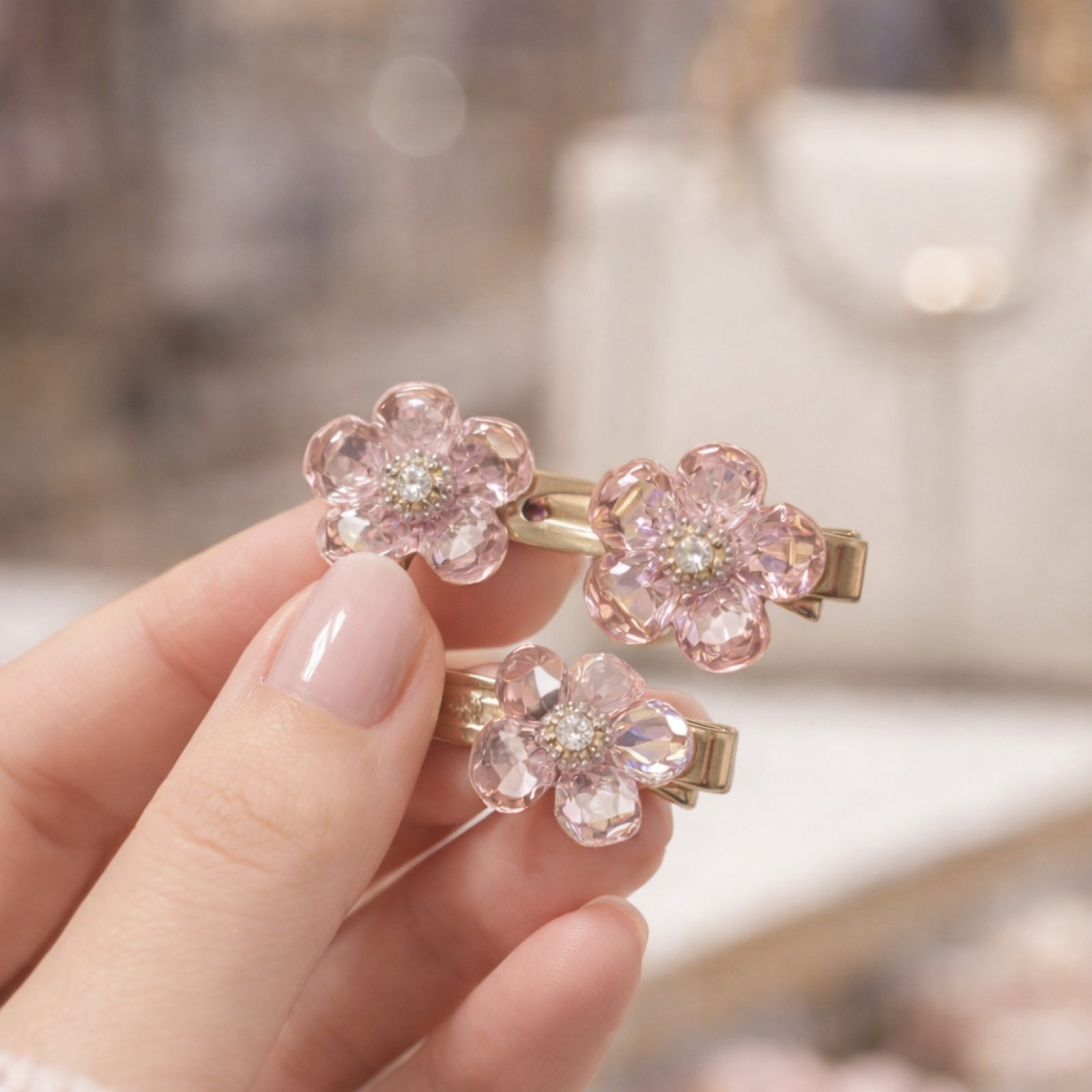 Three pink flower-shaped hair clips with gold accents held by a hand against a blurred background.